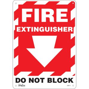 "Fire Extinguisher Do Not Block" with Down Arrow Sign